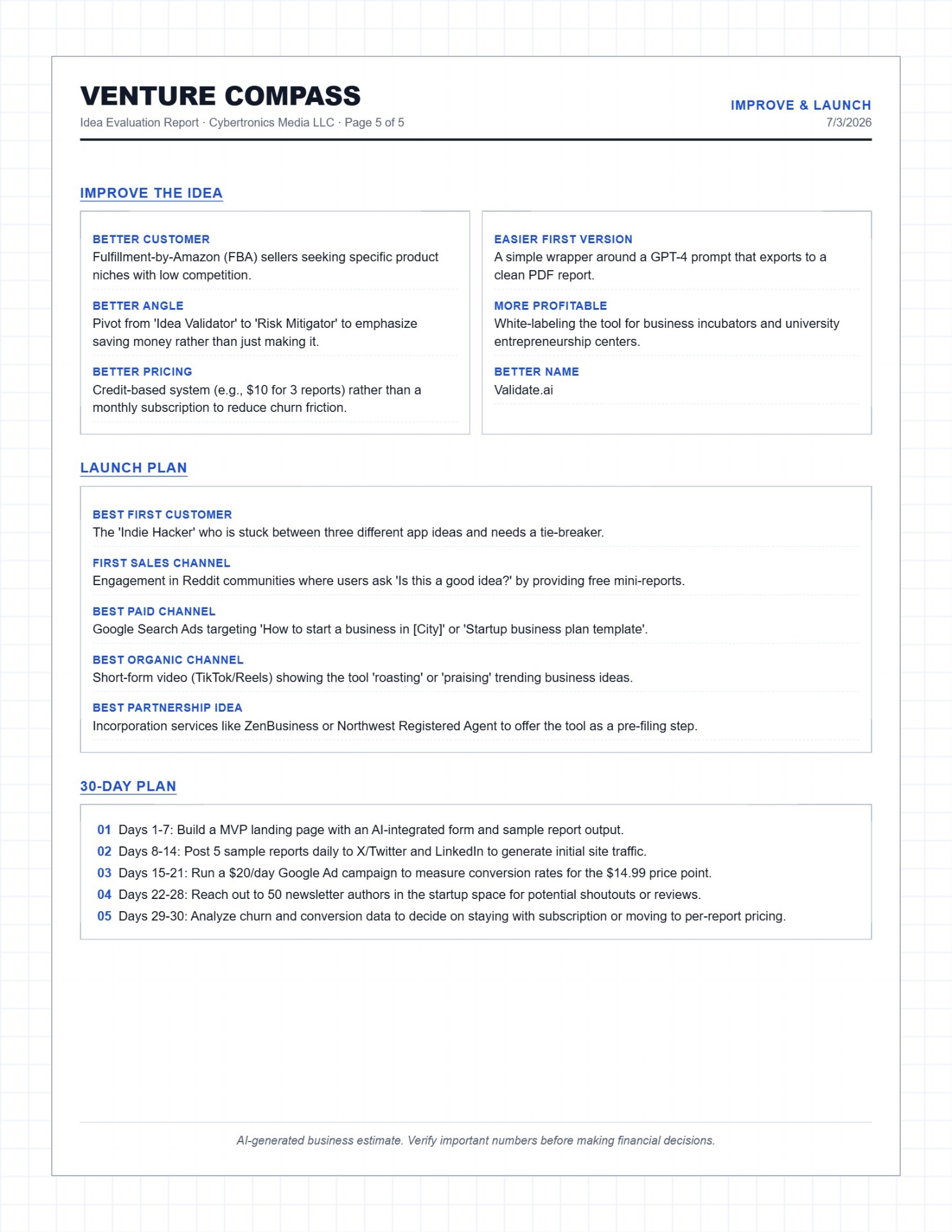 Sample report page 5: Improve & Launch
