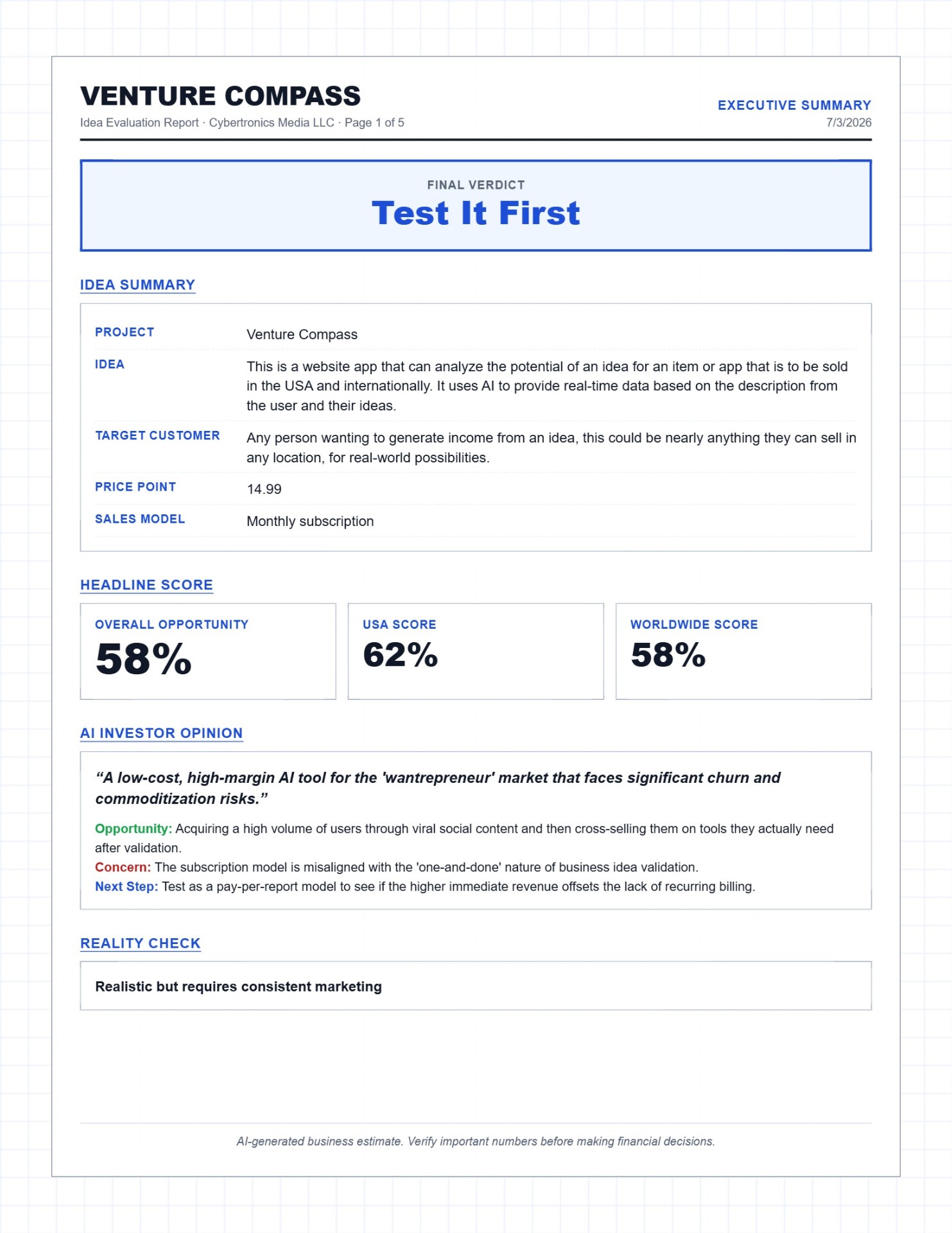 Sample report page 1: Executive Summary